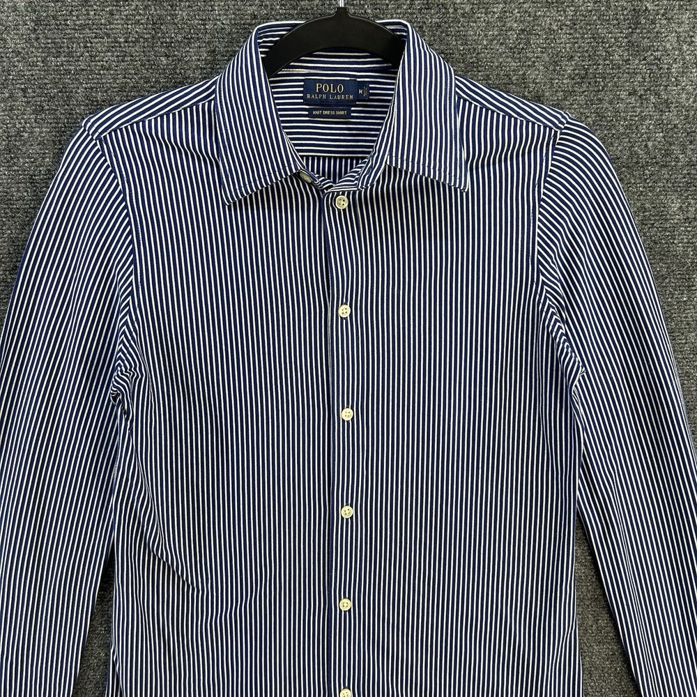 Ralph Lauren Button Down Knit Dress Shirt Sz M Blue White Stripe Pony Cuff Logo